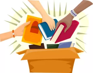 Illustration of hands grabbing books from a box