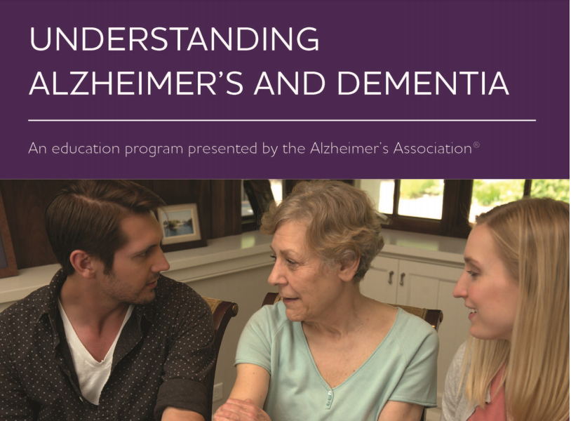 Text reading "Understanding Alzheimer's and Dementia" and an image of three people talking - a young man, a senior woman, and a young woman