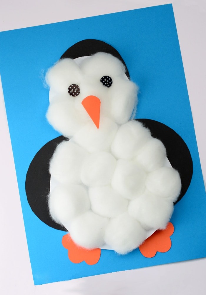 penguin made from construction paper and cotton balls