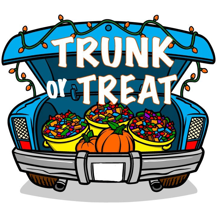 Car with open trunk filled with candy