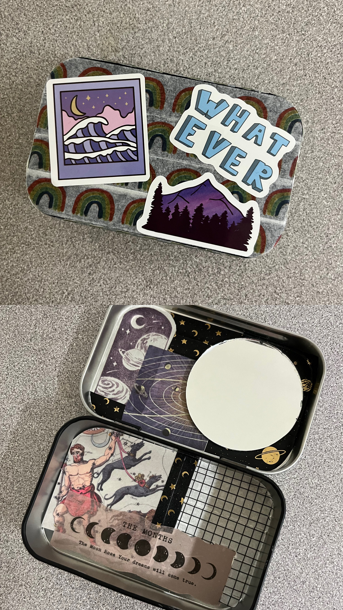 A sample Altoids Tin Kit, with colorful stickers and washi tape on the front, and colorful stickers, washi tape, and a small circular mirror on the inside.
