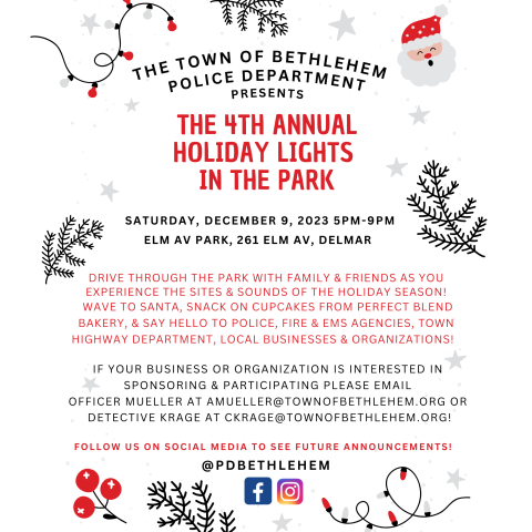 Flyer for the Holiday Lights in the Park event on December 9th 2023 from 5pm to 9pm.