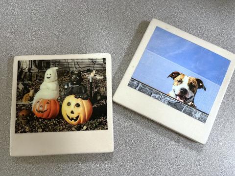 Two example coasters. One has a picture of a ghost and cat on pumpkins, and the other has a picture of a dog