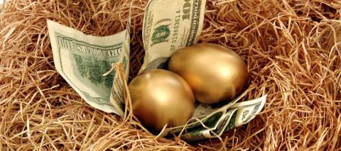 An image of cash and golden eggs on a bed of straw symbolizing the concept of "nest egg" savings.