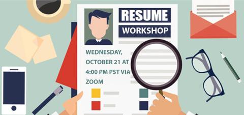illustration of a colorful resume on a desk with a magnifying glass examining it
