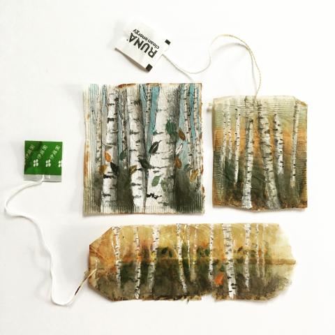 tea bags with birch trees painted on them