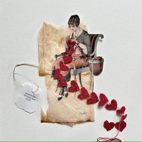 collage of a woman and hearts on a tea bag