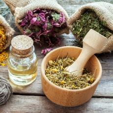 mortar and pestle with herbs