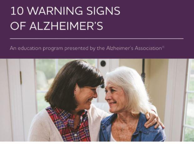 Text reading "10 Warning Signs of Alzheimer's" and image of two women hugging