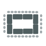 8 long tables arranged to form rectangle, with seating around the rectangle for 28.